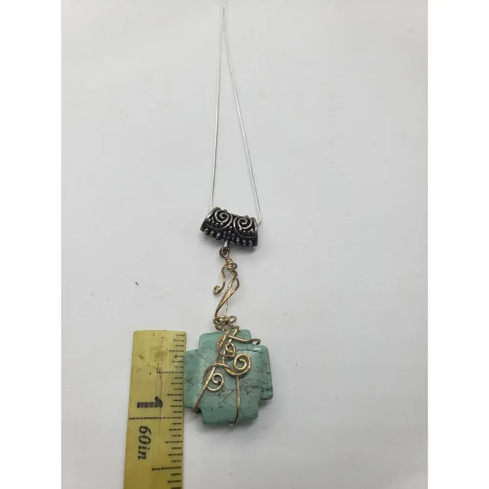 Artisan Wire Wrapped Chrysoprase Cross Pendant Necklace Silver tone Snake Chain